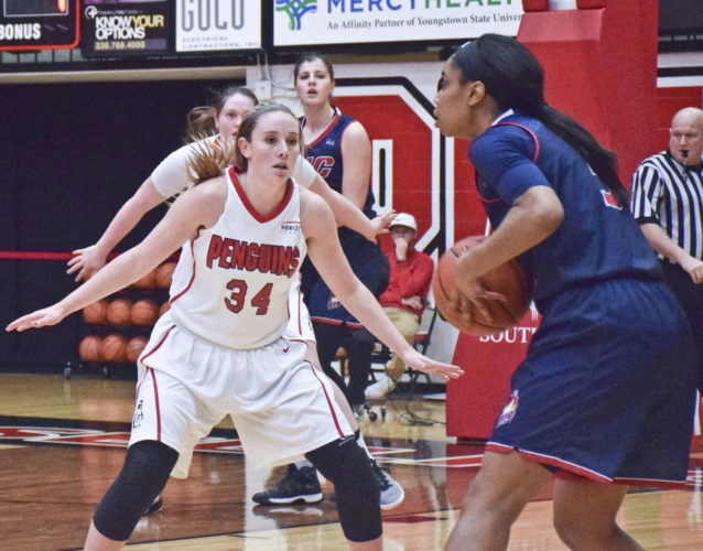 Tribune Chronicle / John Vargo Youngstown State's Morgan Brunner guards UIC's Taylor Toney during Thursday's 70-54 victory by the Penguins where Brunner earned her first-ever collegiate start.